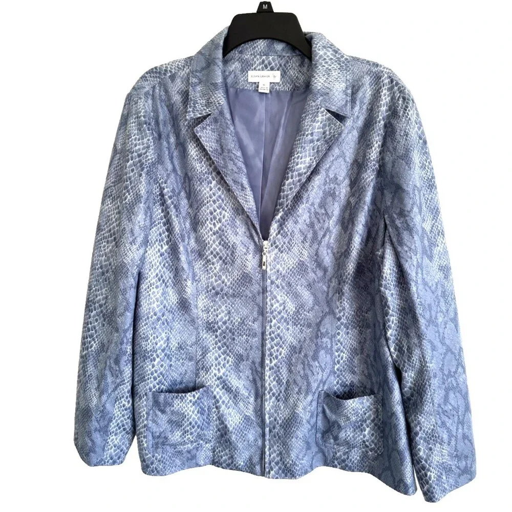 Susan Graver Jacket Blue Faux Snake Skin Zip Blazer Pockets Lined Size XL